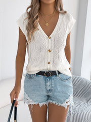 Solid Color Button Up V Neck Short Sleeves Knit Top