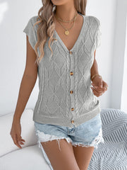 Solid Color Button Up V Neck Short Sleeves Knit Top