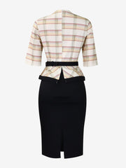 Work Patchwork 3/4 Sleeves Plaid Midi Sheath Dress