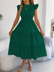 Ruffled Cap Sleeve Smocked Tiered A-Line Dress