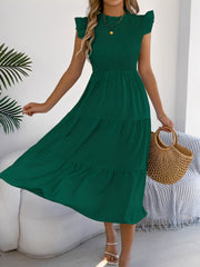 Ruffled Cap Sleeve Smocked Tiered A-Line Dress