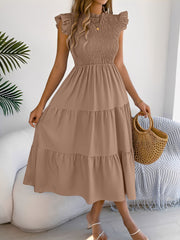 Ruffled Cap Sleeve Smocked Tiered A-Line Dress