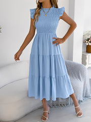 Ruffled Cap Sleeve Smocked Tiered A-Line Dress