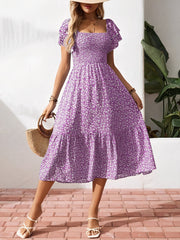 Square Neck Floral Smocked Off Shoulder A-Line Dress