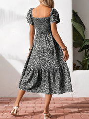 Square Neck Floral Smocked Off Shoulder A-Line Dress