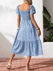 Square Neck Floral Smocked Off Shoulder A-Line Dress