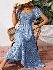 Square Neck Floral Smocked Off Shoulder A-Line Dress