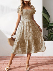 Square Neck Floral Smocked Off Shoulder A-Line Dress