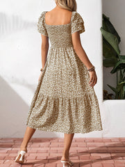 Square Neck Floral Smocked Off Shoulder A-Line Dress