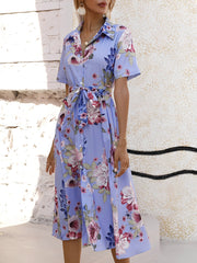 Floral Button Down Lace-Up Belted Shirt Dress