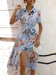 Floral Button Down Lace-Up Belted Shirt Dress