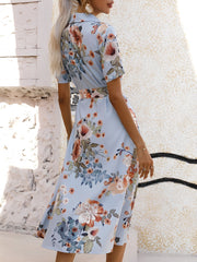 Floral Button Down Lace-Up Belted Shirt Dress