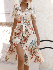 Floral Button Down Lace-Up Belted Shirt Dress