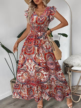 Boho Floral V Neck Ruffle Sleeves Smocked Long Dress