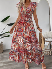 Boho Floral V Neck Ruffle Sleeves Smocked Long Dress