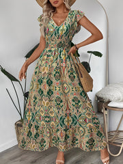 Boho Floral V Neck Ruffle Sleeves Smocked Long Dress