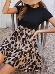 Leopard Patchwork Short Sleeves Tie Waist Dress