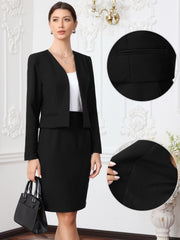 2 Pieces Office Work Open Front Cropped Blazer Jacket & Pencil Business Skirt Suit Set