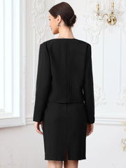 2 Pieces Office Work Open Front Cropped Blazer Jacket & Pencil Business Skirt Suit Set