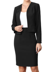 2 Pieces Office Work Open Front Cropped Blazer Jacket & Pencil Business Skirt Suit Set