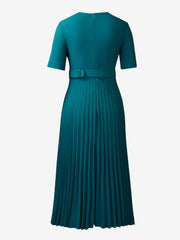 Lapel Belted Solid Color Pleated Midi Work Dress