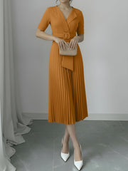 Lapel Belted Solid Color Pleated Midi Work Dress