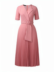 Lapel Belted Solid Color Pleated Midi Work Dress