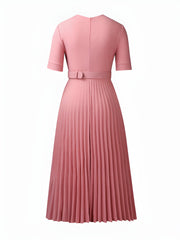 Lapel Belted Solid Color Pleated Midi Work Dress