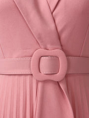 Lapel Belted Solid Color Pleated Midi Work Dress