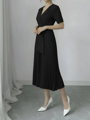 Lapel Belted Solid Color Pleated Midi Work Dress