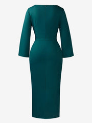 3/4 Slit Sleeves Round Neck Midi Sheath Dress
