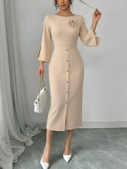 3/4 Slit Sleeves Round Neck Midi Sheath Dress