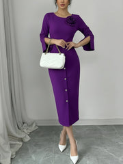 3/4 Slit Sleeves Round Neck Midi Sheath Dress