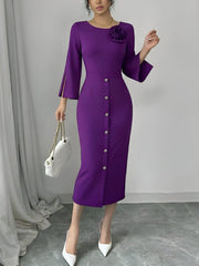 3/4 Slit Sleeves Round Neck Midi Sheath Dress