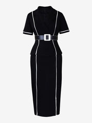 Notched Lapel Colorblock Belted Midi Sheath Dress