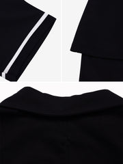 Notched Lapel Colorblock Belted Midi Sheath Dress