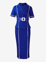 Notched Lapel Colorblock Belted Midi Sheath Dress