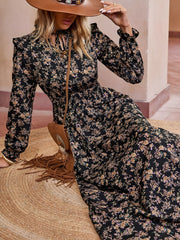 Printed Ruffled Long Sleeve Smocked Maxi Dress