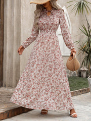 Printed Ruffled Long Sleeve Smocked Maxi Dress