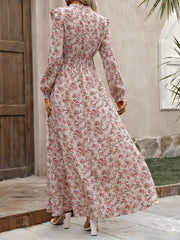 Printed Ruffled Long Sleeve Smocked Maxi Dress
