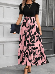 Printed Patchwork Tie Waist Maxi A-Line Dress