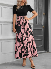 Printed Patchwork Tie Waist Maxi A-Line Dress