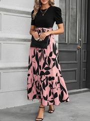 Printed Patchwork Tie Waist Maxi A-Line Dress