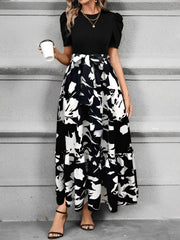 Printed Patchwork Tie Waist Maxi A-Line Dress