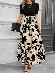 Printed Patchwork Tie Waist Maxi A-Line Dress
