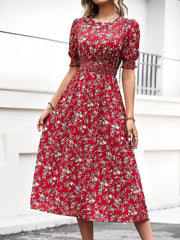 Floral Puff Sleeves Smocked Waist A-Line Midi Dress