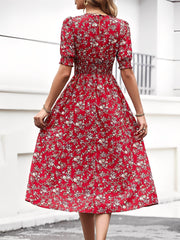 Floral Puff Sleeves Smocked Waist A-Line Midi Dress