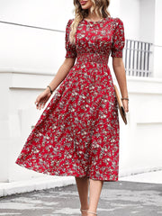 Floral Puff Sleeves Smocked Waist A-Line Midi Dress