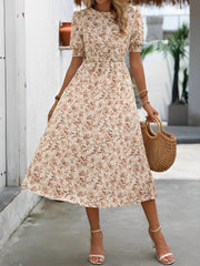 Floral Puff Sleeves Smocked Waist A-Line Midi Dress
