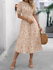 Floral Puff Sleeves Smocked Waist A-Line Midi Dress